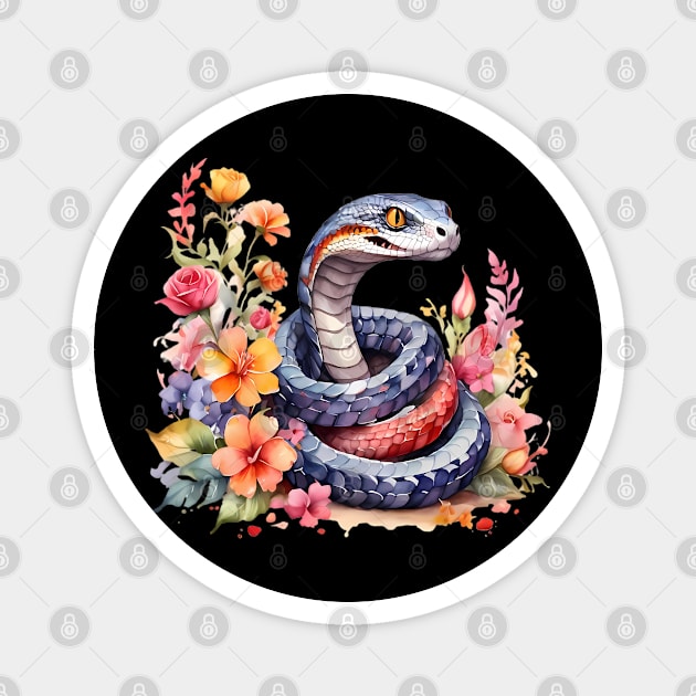 A snake decorated with beautiful watercolor flowers Magnet by CreativeSparkzz